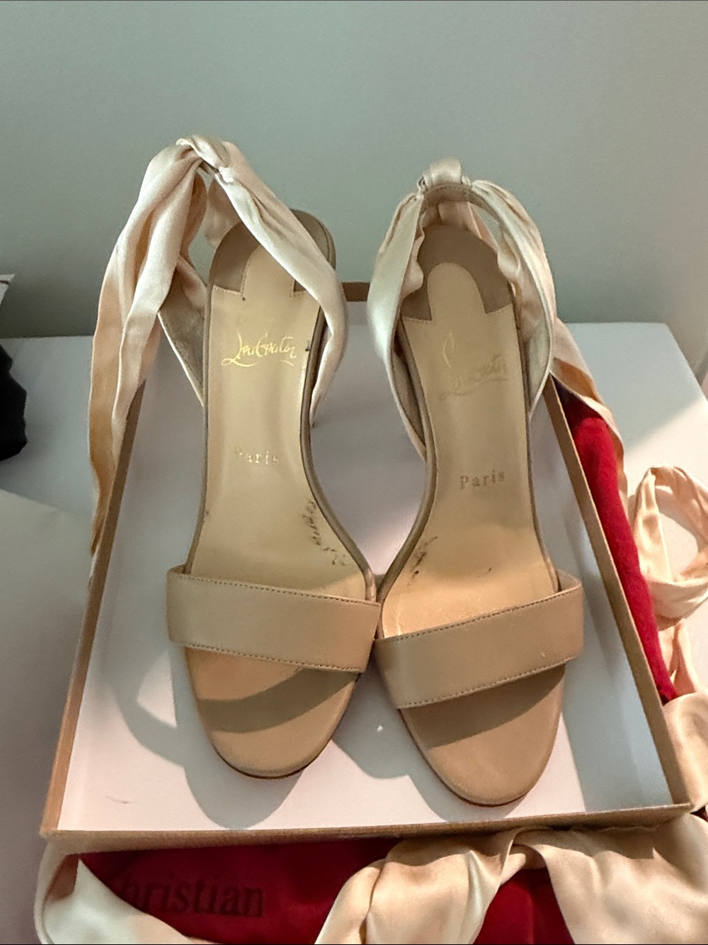 Christian Louboutin Beige Satin Ankle-Tie Heels